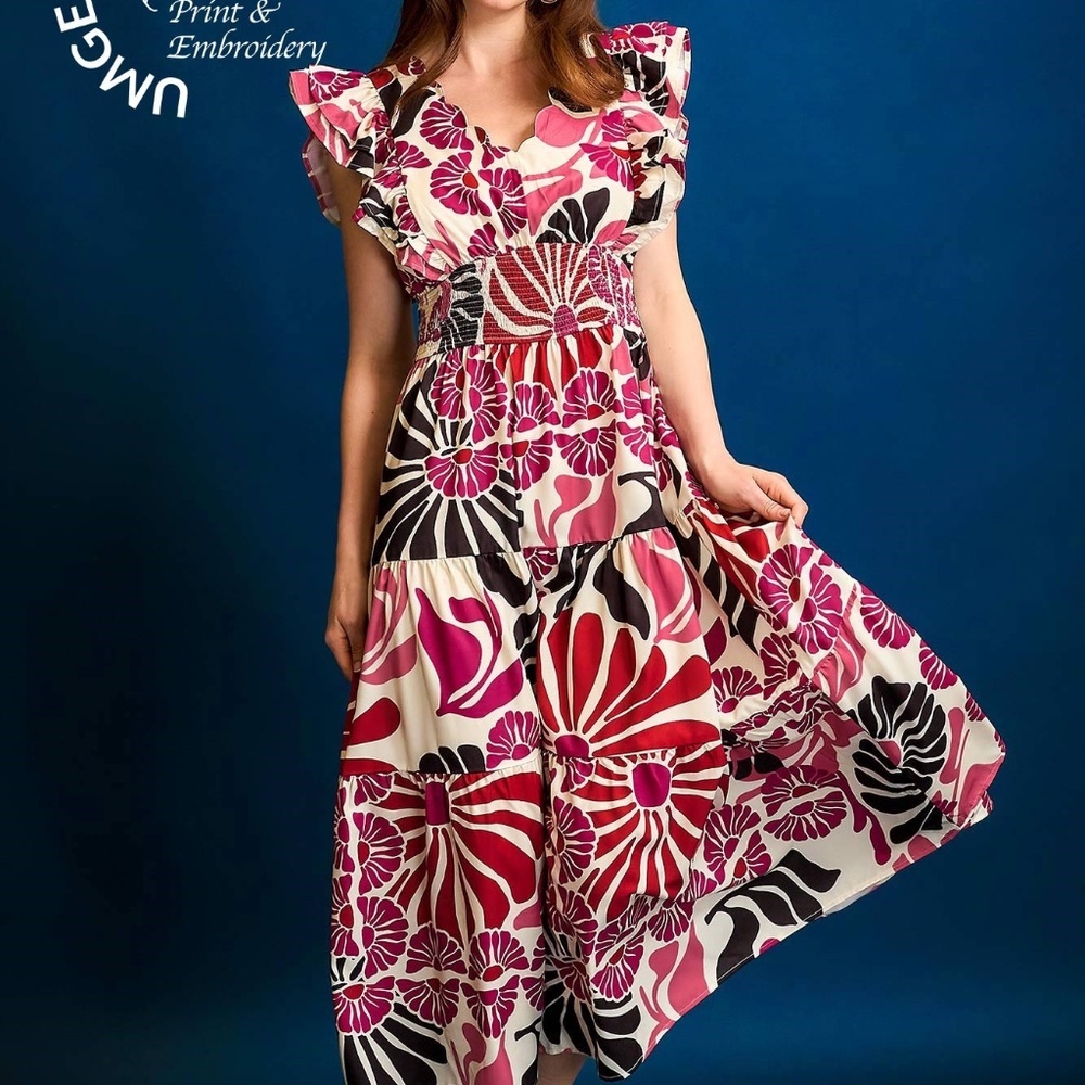 Umgee Floral Smocked Waist Midi Dress